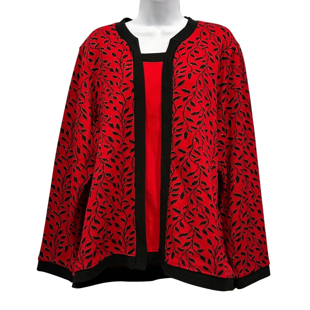 Cathy Daniels Red Black Metallic Leaf Cardigan Faux 2 Piece Holiday Women XL NEW